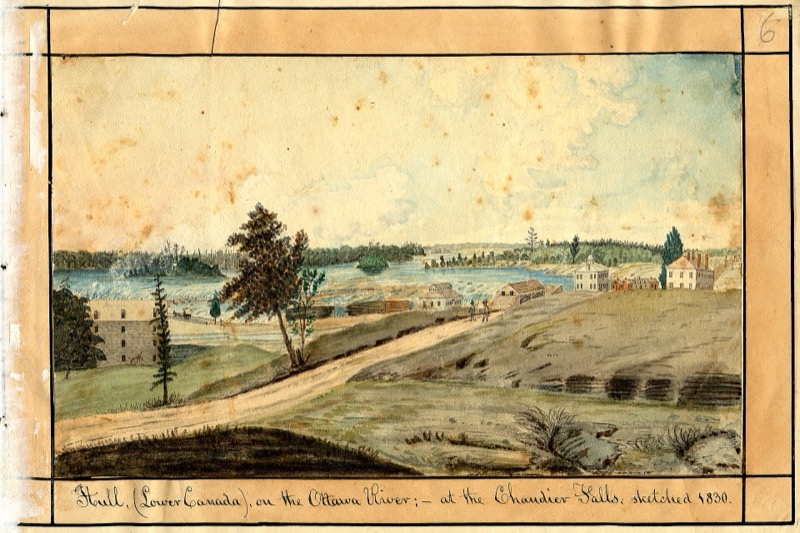 Watercolour of the village of Hull on the Ottawa River at the Chaudière Falls, around 1830