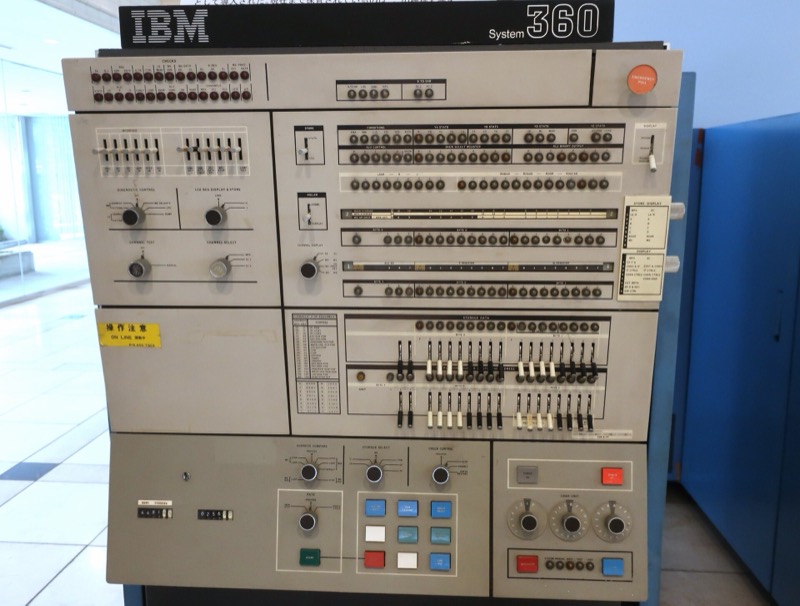 The control panel of an IBM System/360 Model 40, rows of switches, dials and lights