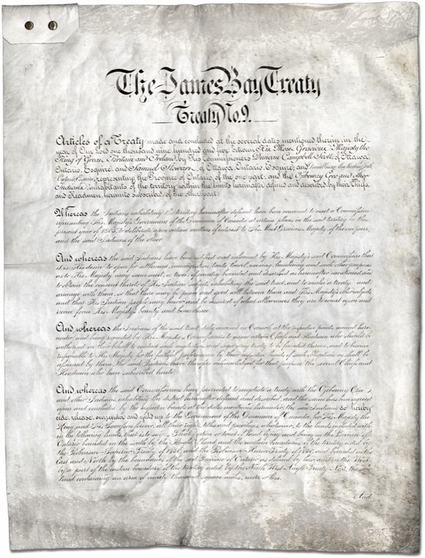 The first page of the handwritten James Bay Treaty, Treaty No. 9, 1905