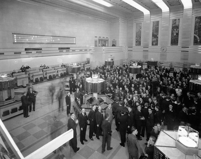 Traders crowded on the trading floor of the Toronto Stock Exchange, around 1937