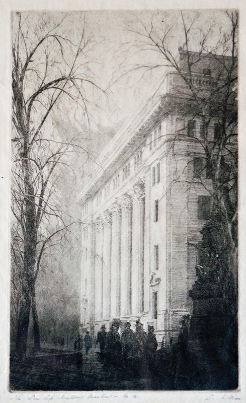 Etching of the columned Sun Life Building in Montreal behind bare winter trees